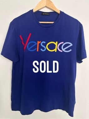 Versace Blue Multicolor Logo Embroidered 
T-Shirt Medium Luxury Italy Made RARE